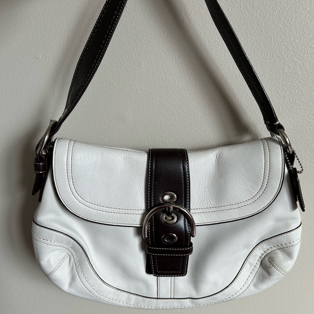 Coach Hobo F10910 White Brown Leather Buckle Shoulder‎ Bag Good